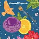 Bon rétablissement avec fleurs et thé chaud